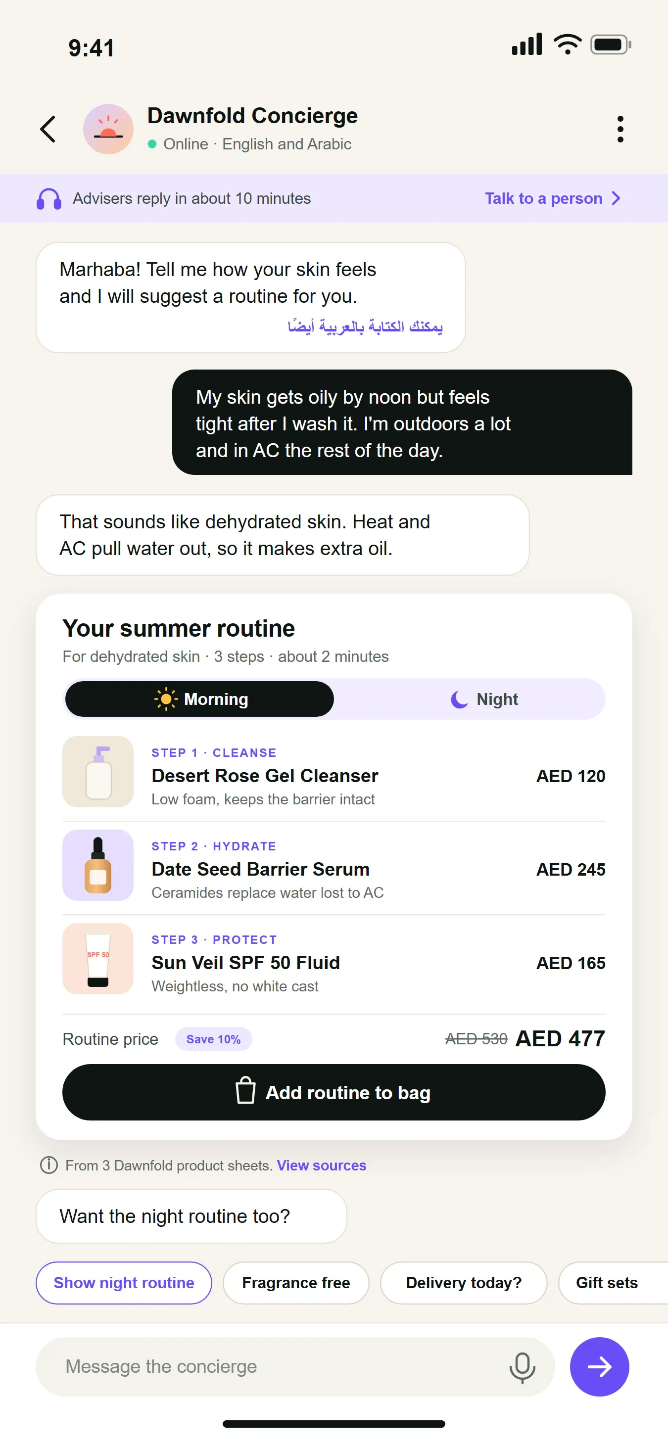 Phone app showing the AI concierge suggesting a morning and night routine, with an add to cart button and a talk to a person link.