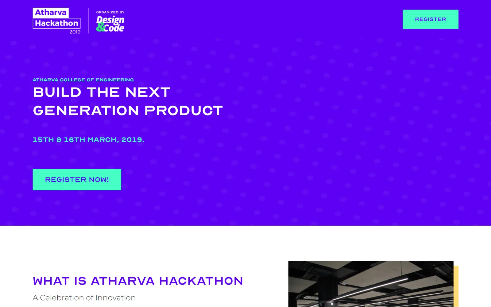 The Atharva Hackathon 2019 microsite, a violet hero with the event dates, a register button and the Design & Code mark