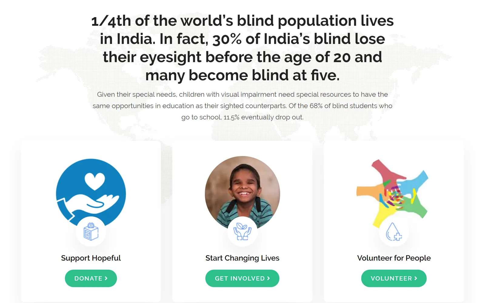 Blind Handicap Social's homepage, children laughing in the rain behind a headline and a green learn more button