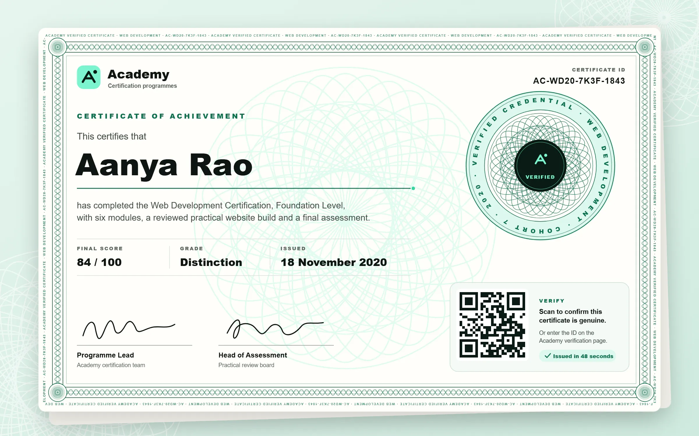 Illustration of a certificate with a unique ID, issued automatically once a learner passes review