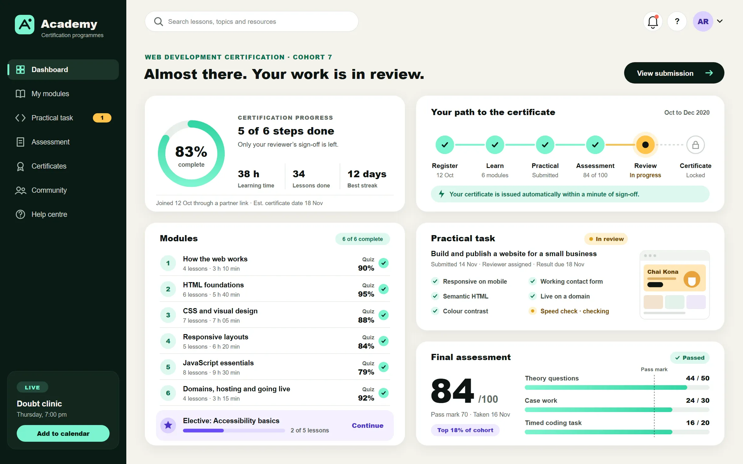 Illustrated learner dashboard showing course progress, the practical task and the next assessment step