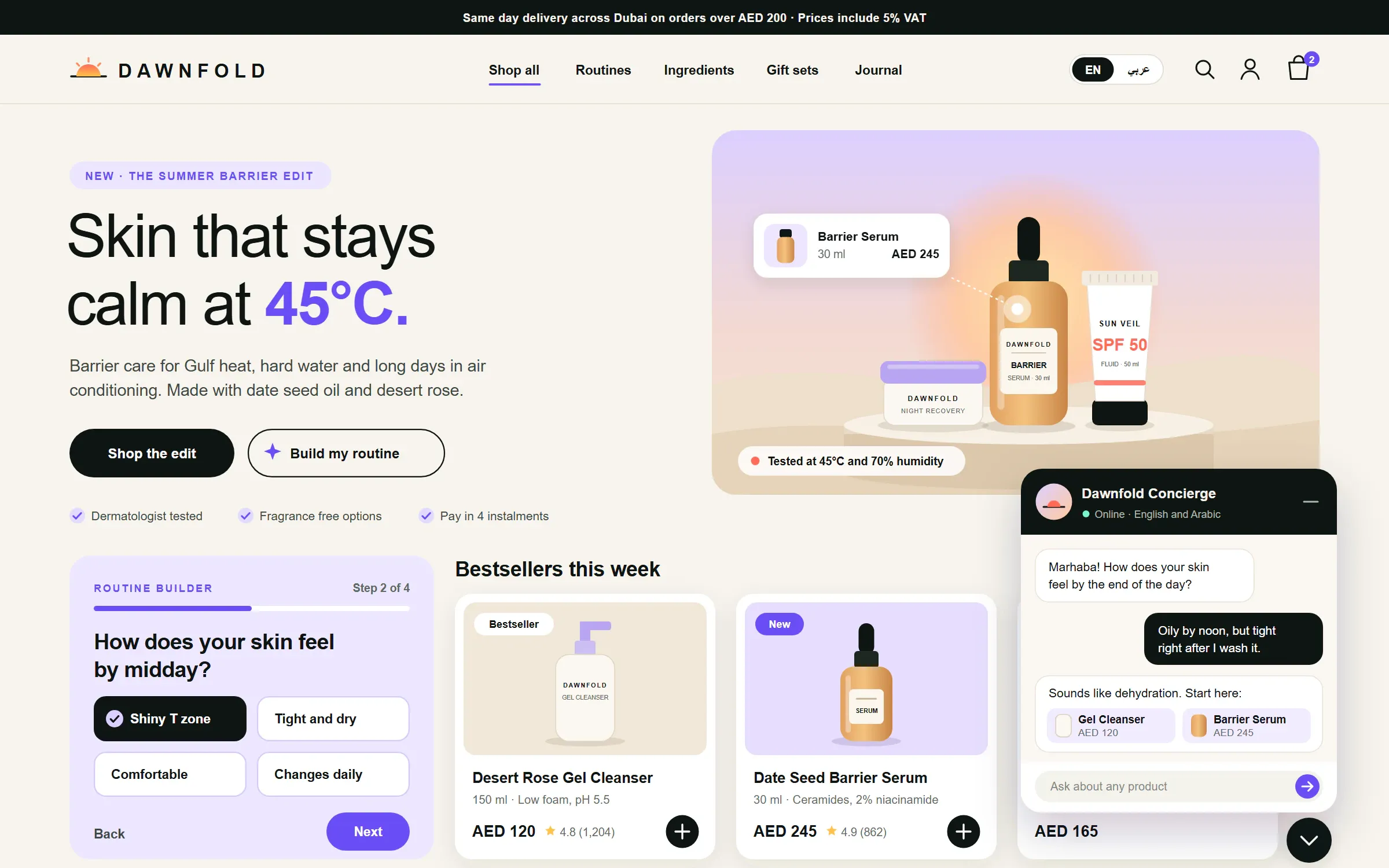 Storefront for an unbranded skincare label in a browser, with an Arabic toggle, a routine builder and the concierge chat open.