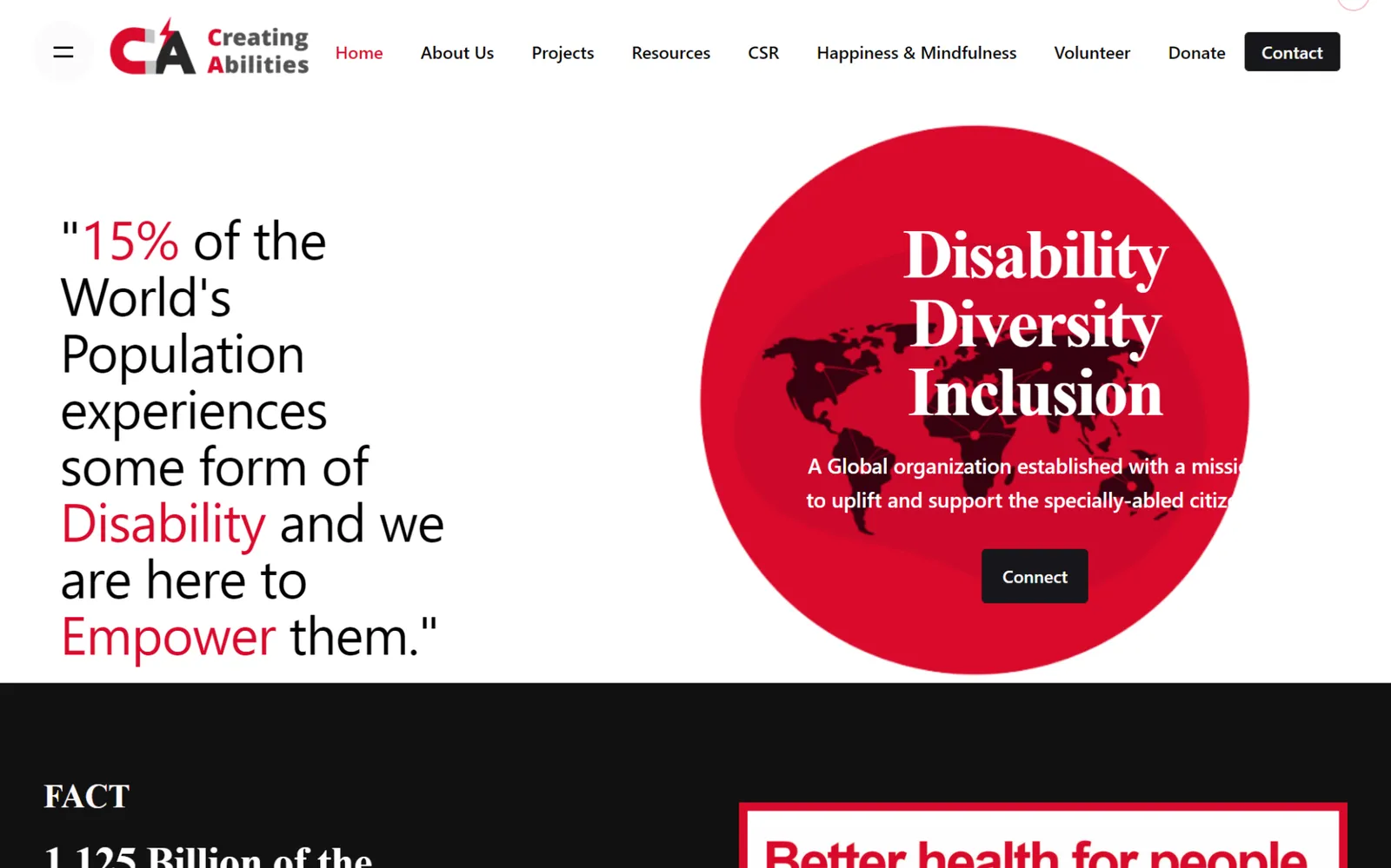 Archived Creating Abilities homepage from December 2020, with its mission statement beside a crimson world map circle.