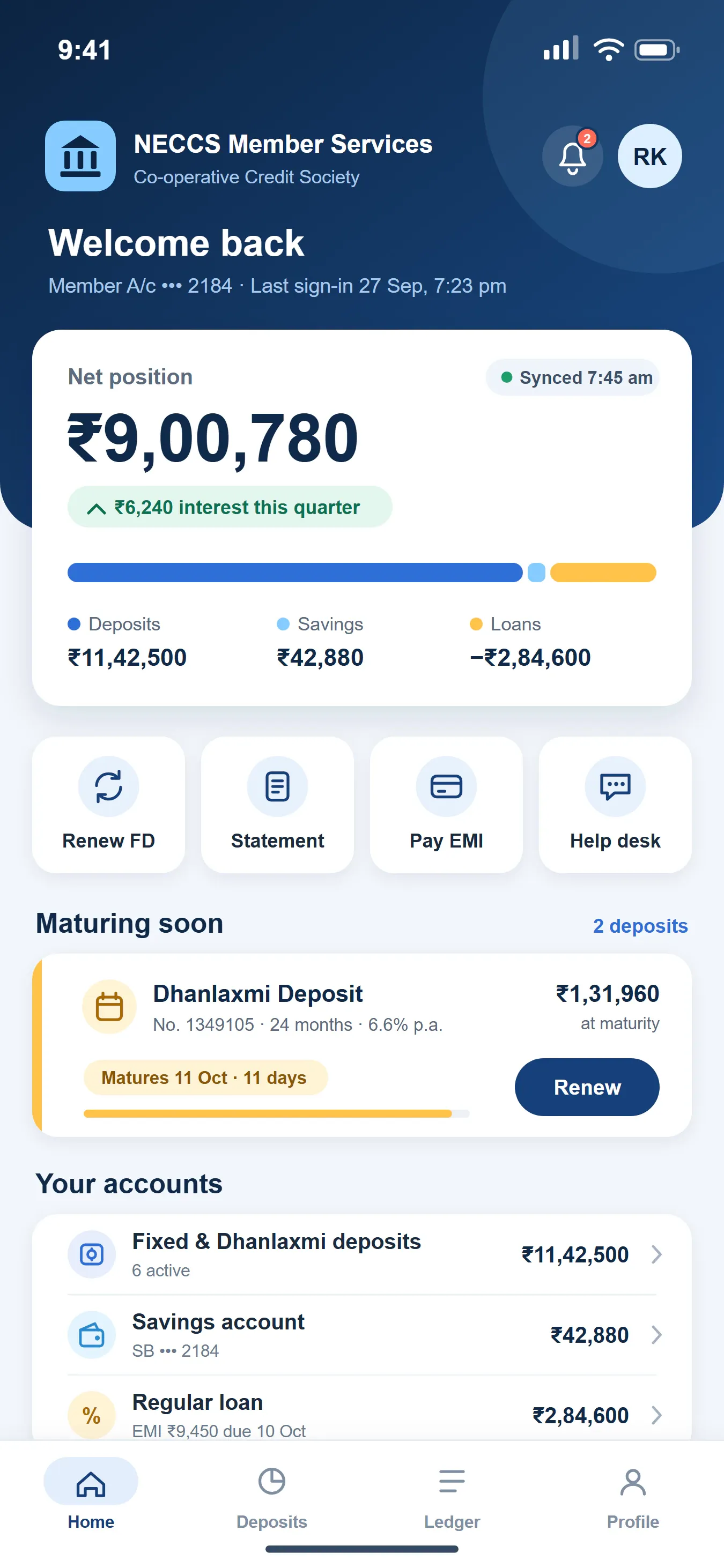Redrawn member dashboard on a phone: total deposits, pending loans, savings balance and a chart, all with sample figures.