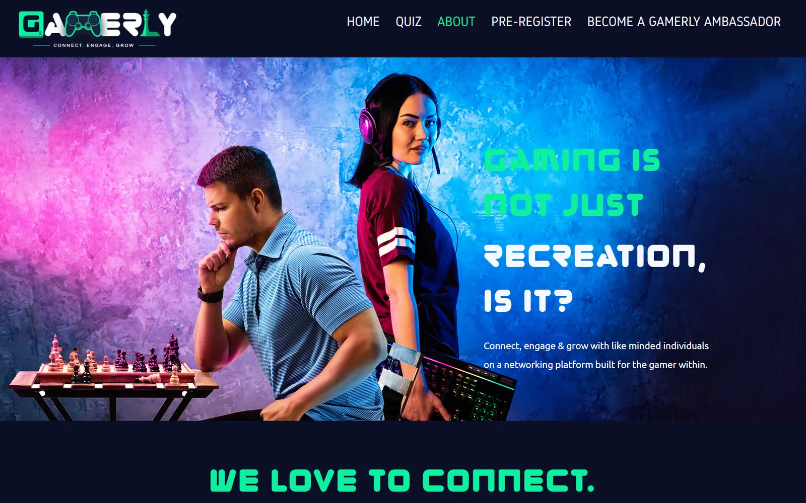 Gamerly's dark neon homepage with its logo, a short manifesto and a button inviting visitors to find their gamer persona