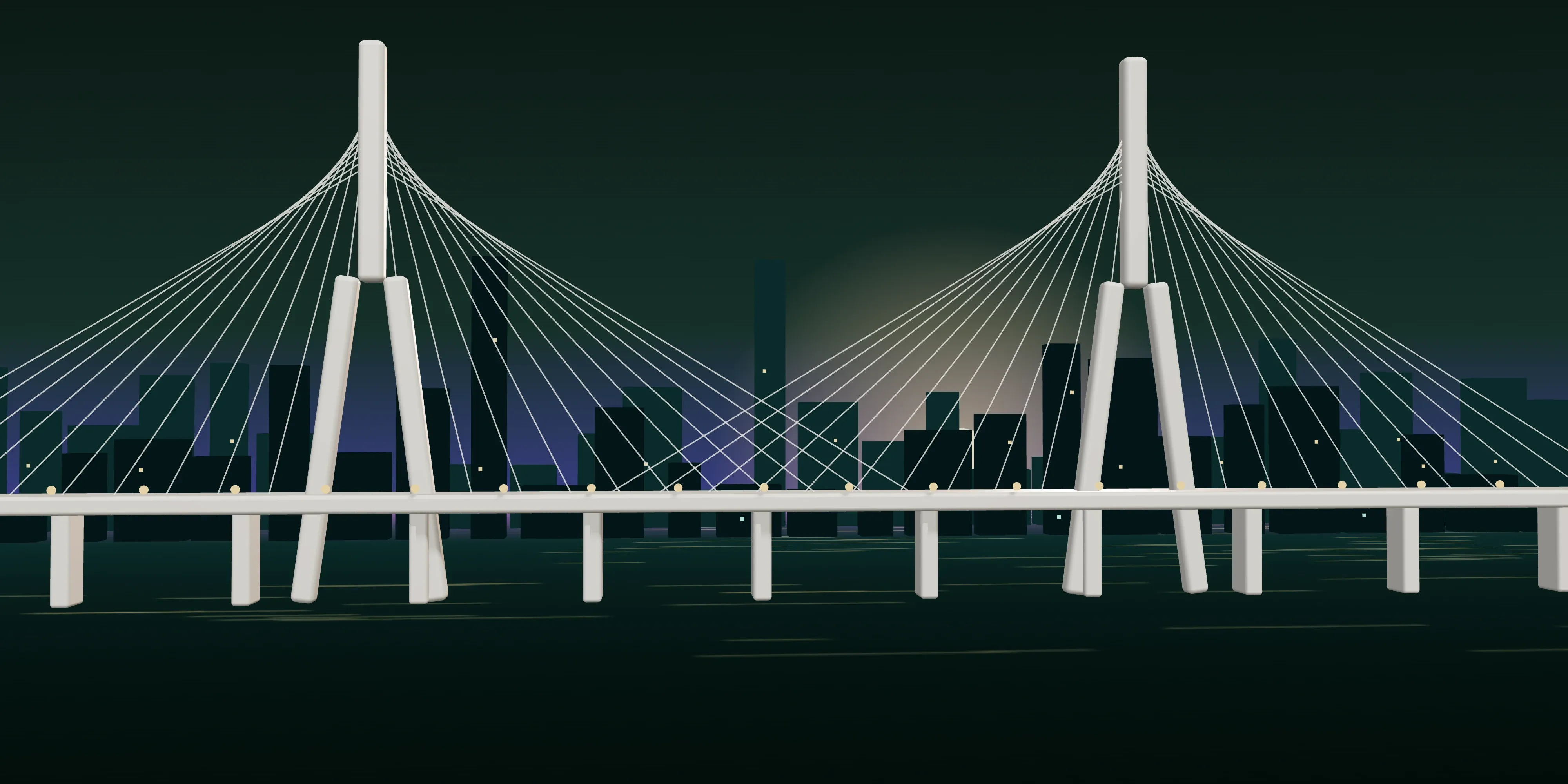 An illustration of the Bandra Worli Sea Link at night, the Mumbai skyline lit behind it