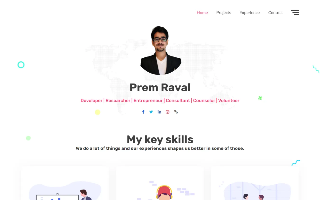 Prem Raval's personal website, a portrait over a dotted world map with his name and roles beneath it