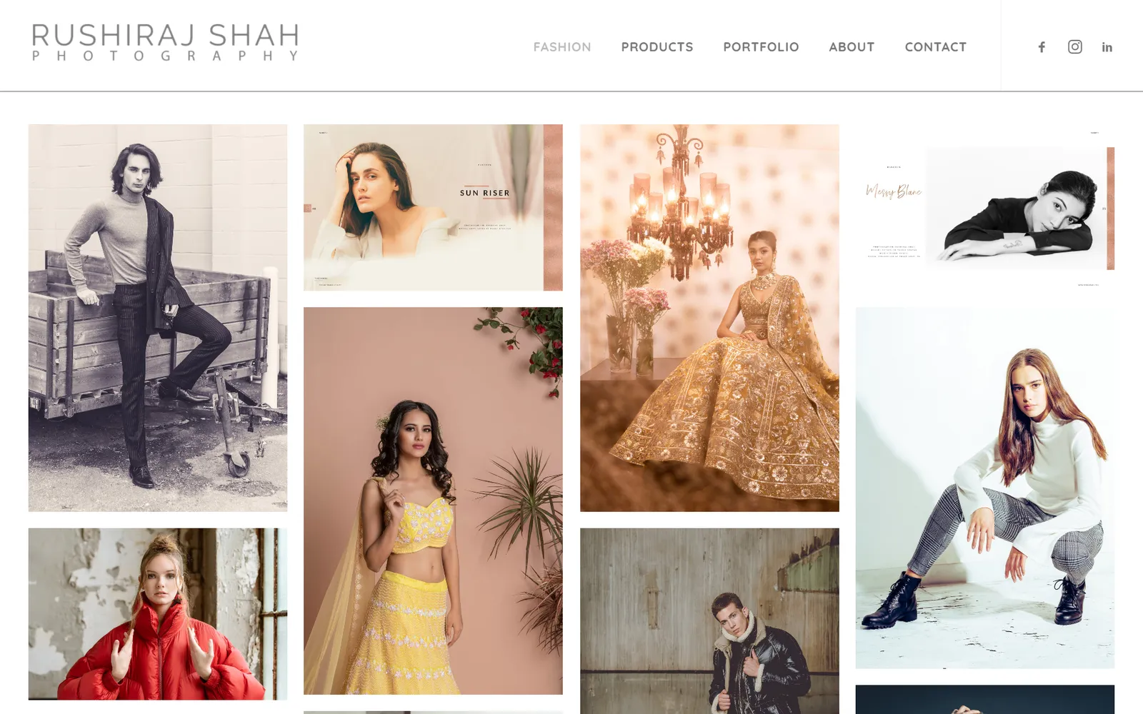 Rushiraj Shah Photography's gallery, a four column grid of fashion and bridal photographs under a minimal header
