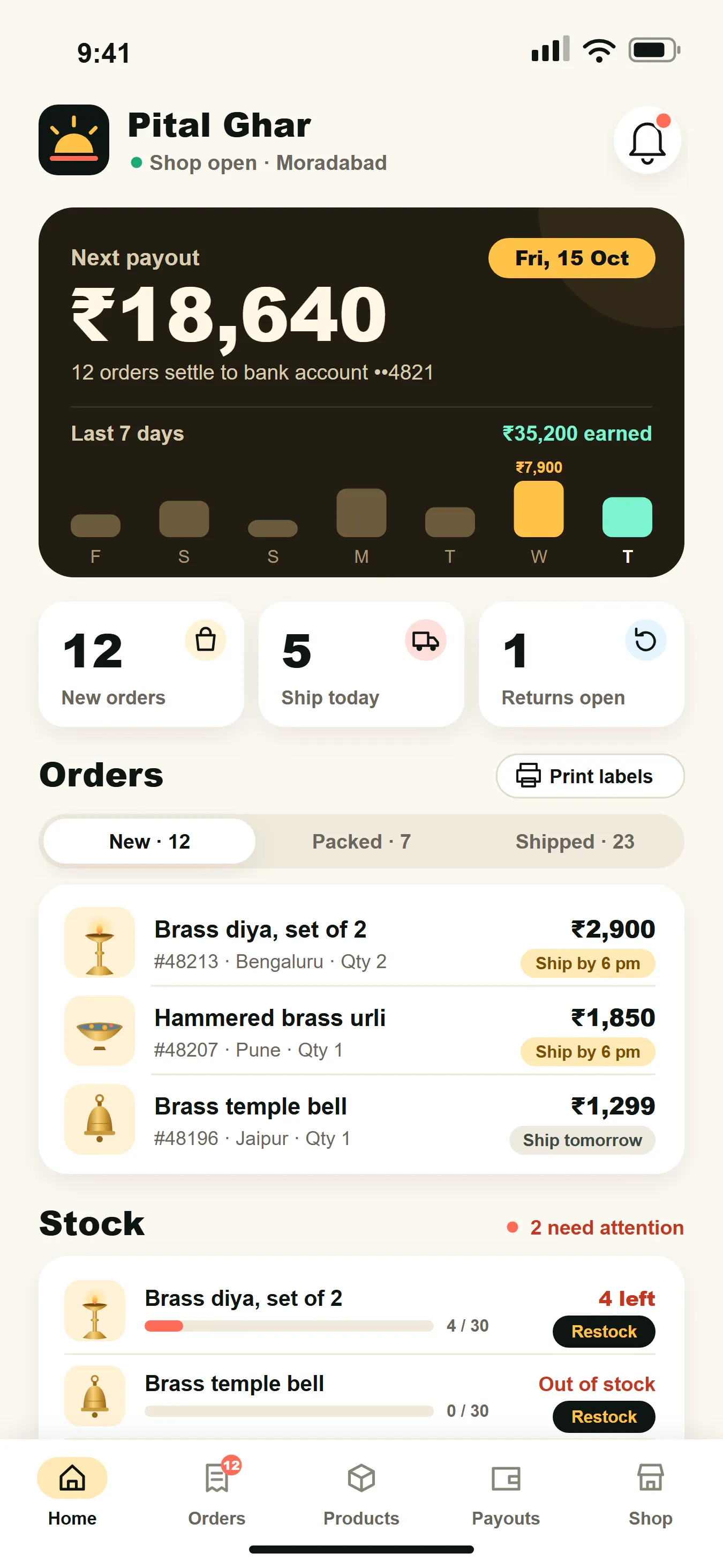 Illustrated seller app on a phone showing new orders, stock levels and the next vendor payout
