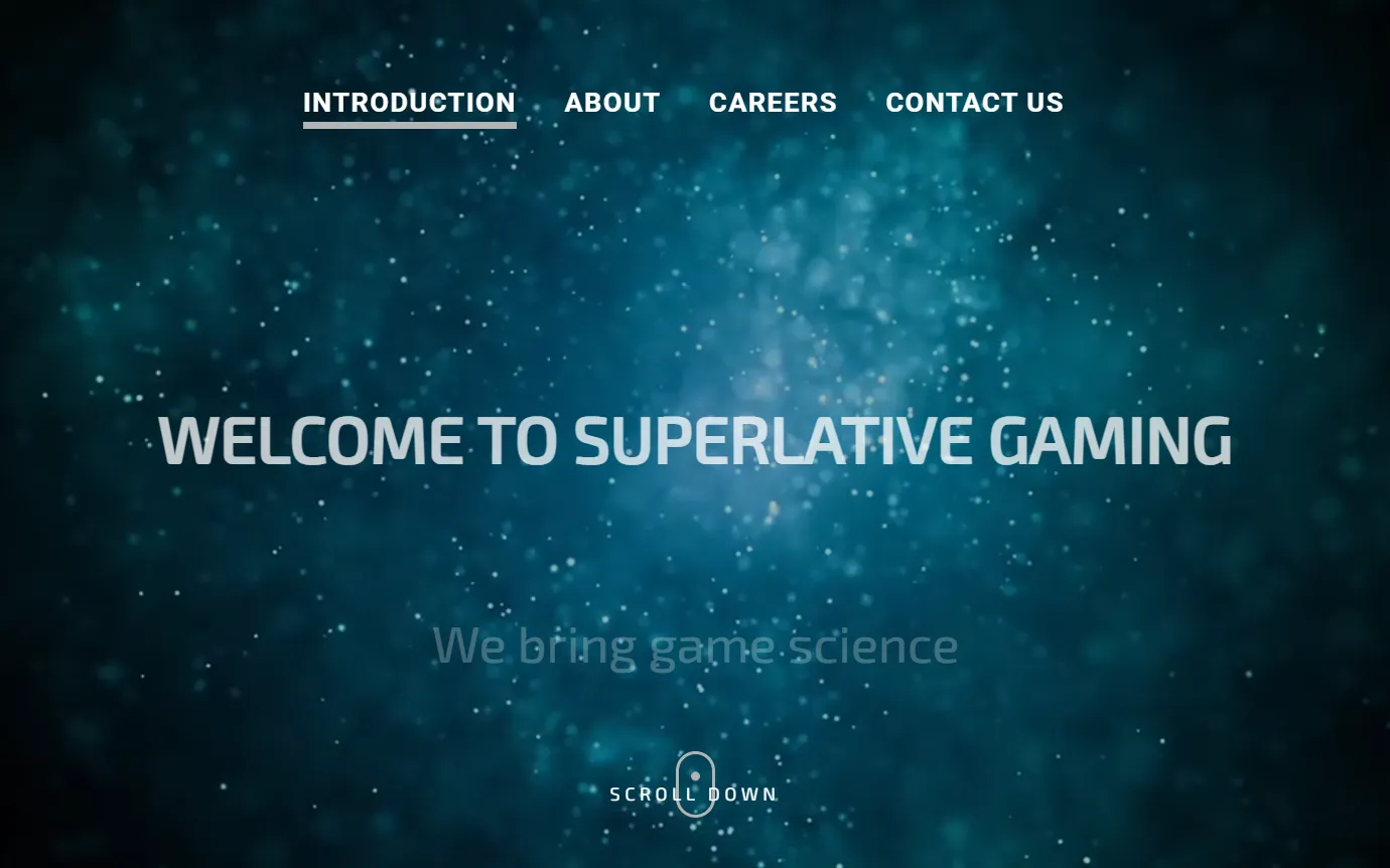 Superlative Gaming's homepage, a dark teal particle field behind the SG monogram and a welcome headline